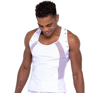 Vinyl and Mesh Tank Top with Rainbow Studs - White